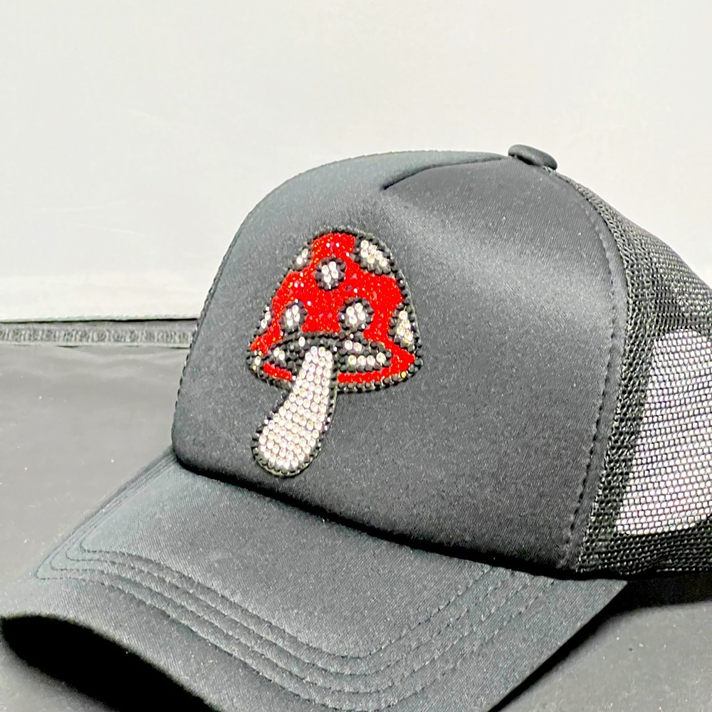 Rhinestone mushroom trucker hat black